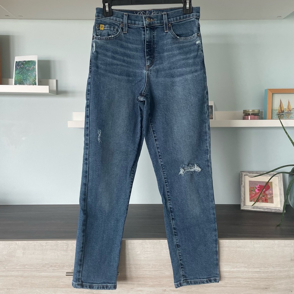 Yoga Jeans High-waisted Medium Blue Tapered Leg Mildly Distressed Jeans